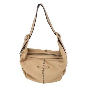 Cole Haan Shoulder Bag Vintage Leather Hobo Purse Large Zipper Logo Beige Tan